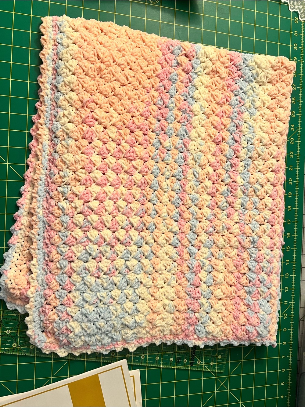 Handmade Pastel Crochet Baby Blanket 39x35 - Soft Pink, Blue & Cream